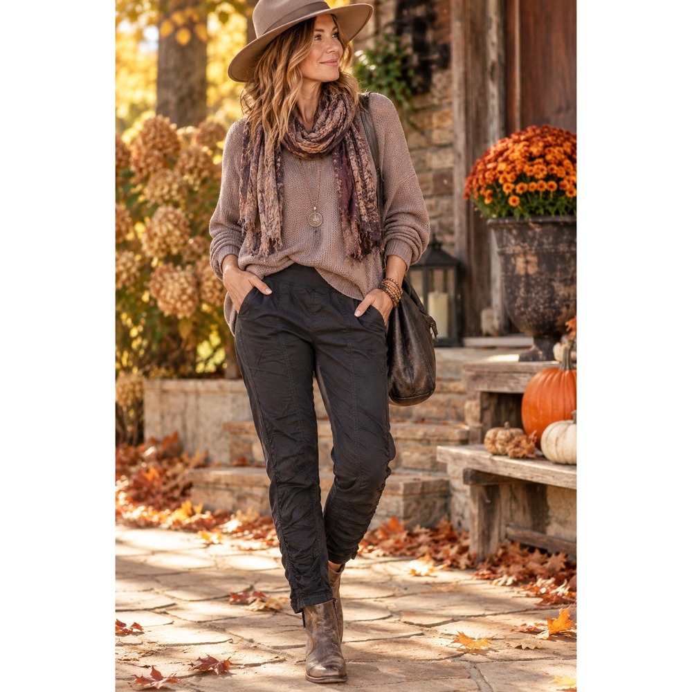 Wearables XCVI Black Ruched Leg Pants L Pull On Lagenlook Stretch 34x30